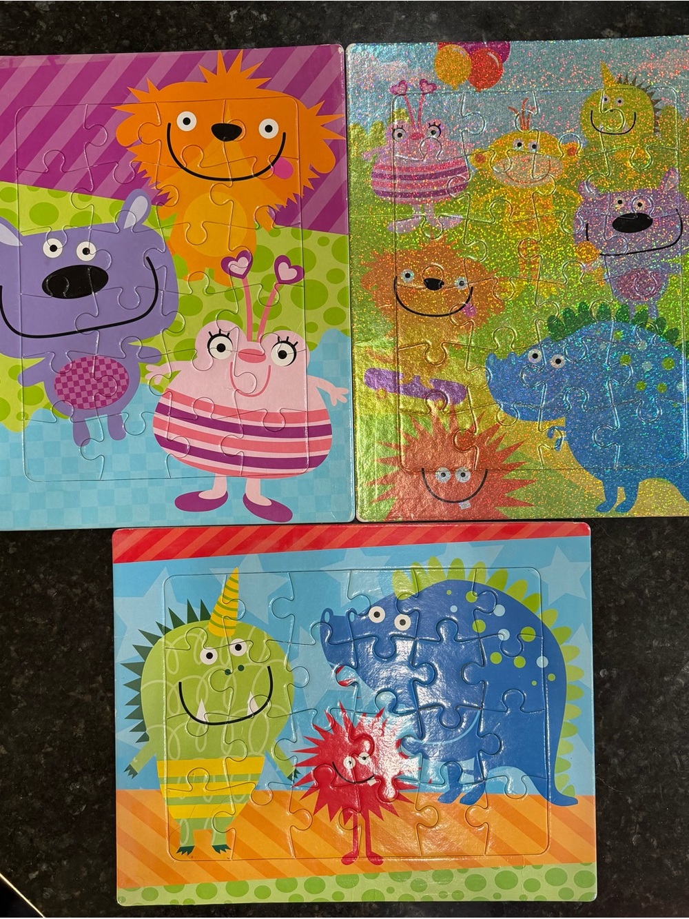 Colorful Kids Monster Puzzle Trio - Blue, Green & Pink